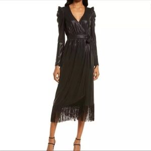 32. Lulu's Womens Large Dream Big Metallic Puff Sleeve Fringe Wrap Dress Wedding